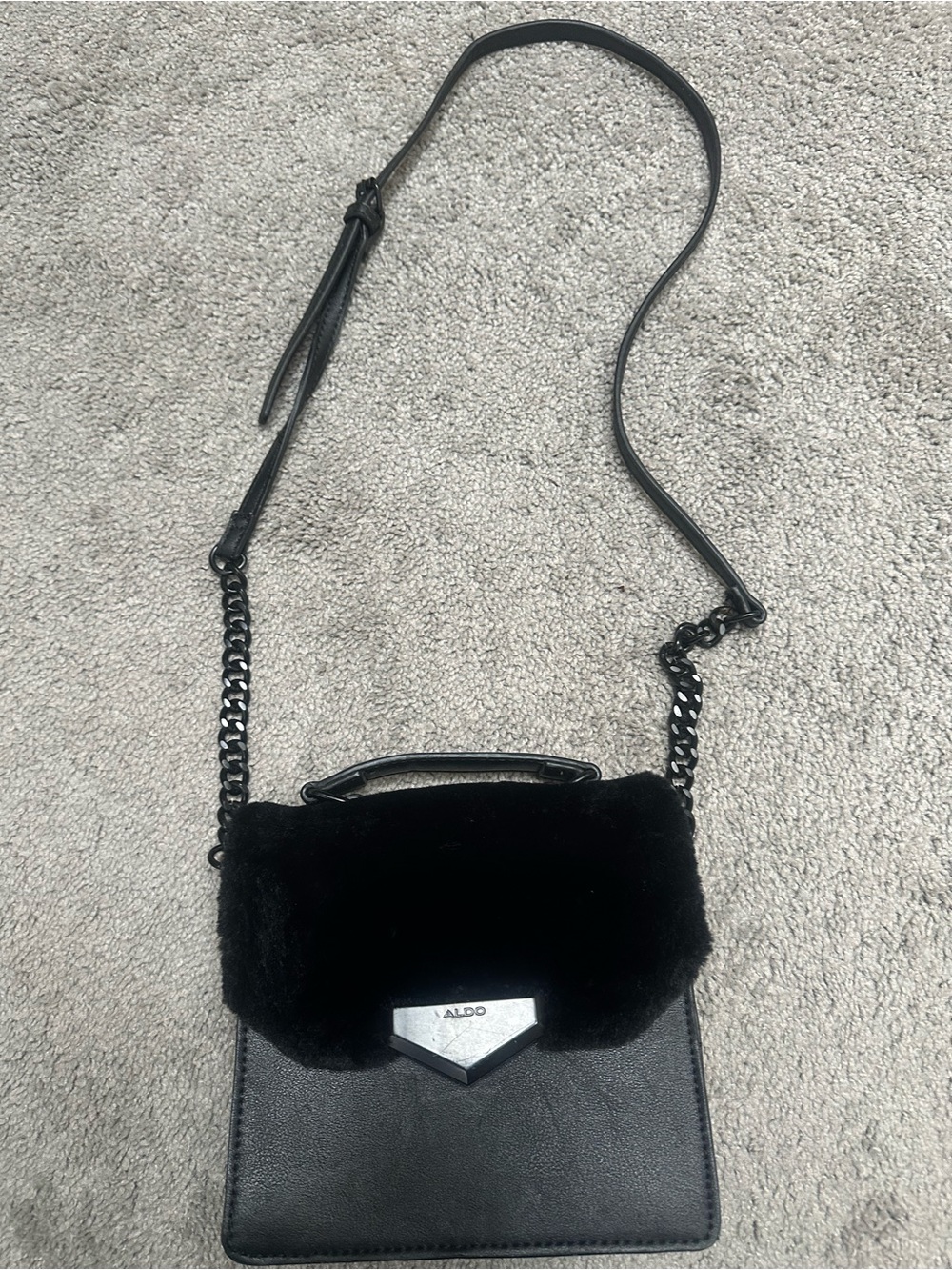 ALDO Black Faux Fur Flap Crossbody Bag with Chain Strap